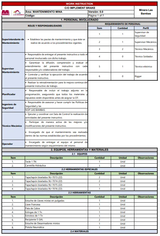 Elaboración de Instructivos de Trabajo WIs, y Cartillas Resumen de equipos línea amarilla — imagen 1