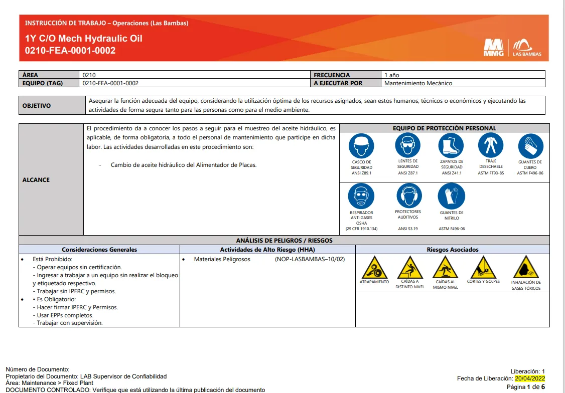 Elaboración de Instructivos de Trabajo WIs, PETs y Cartillas Resumen de Equipos Planta — imagen 1