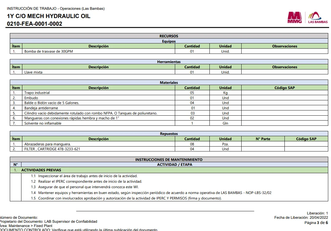 Elaboración de Instructivos de Trabajo WIs, PETs y Cartillas Resumen de Equipos Planta — imagen 4